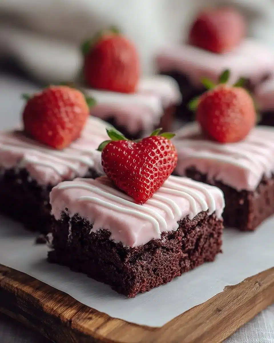 Heart-shaped strawberry frosted brownies for a sweet dessert treat