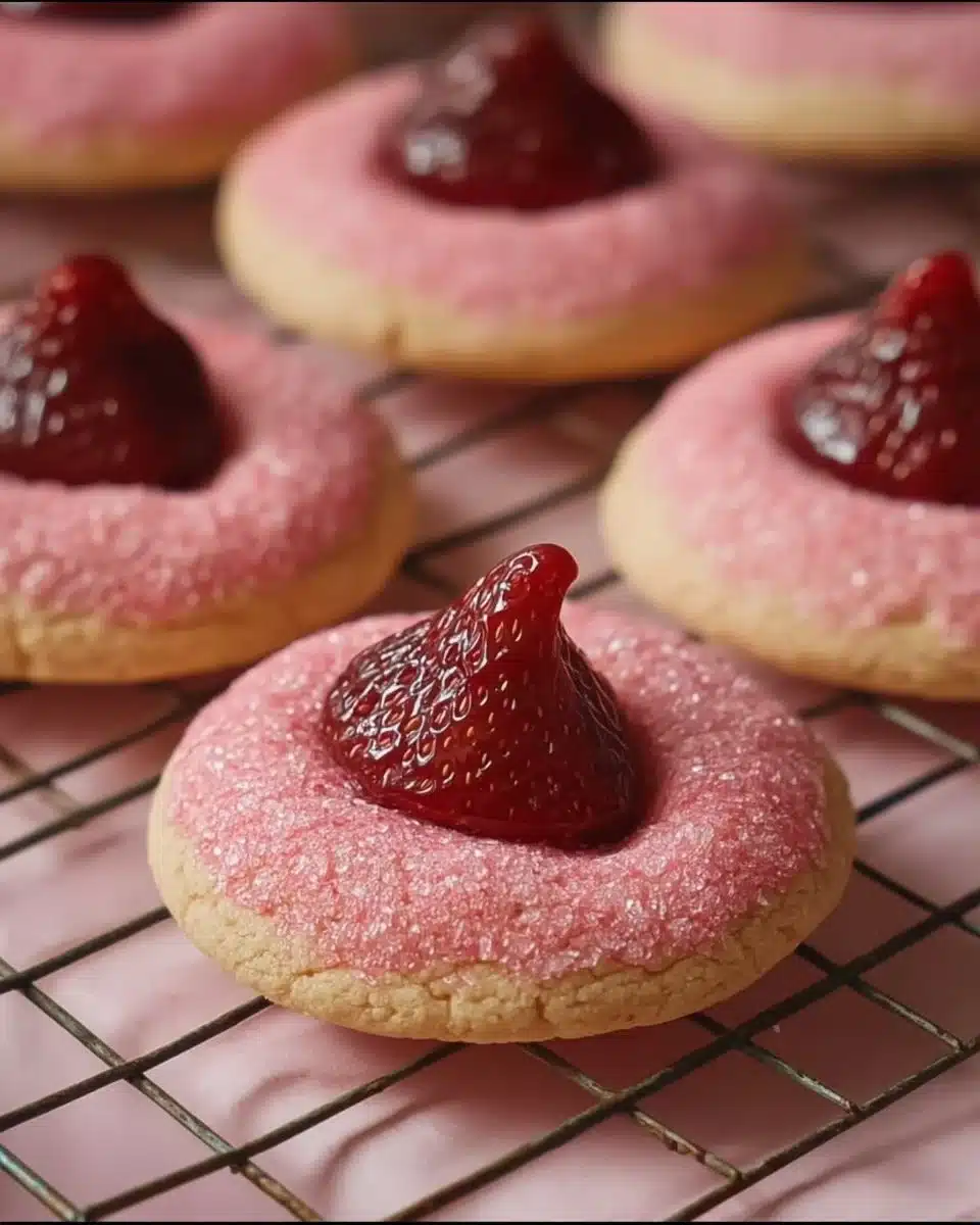 Freshly baked Strawberry Kiss Cookies topped with a strawberry candy.