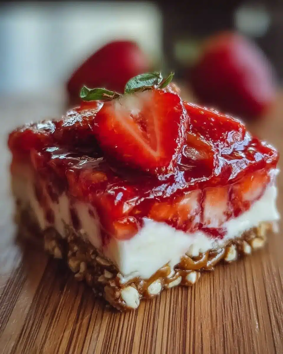 Delicious Strawberry Pretzel Salad with strawberries and pretzel crust