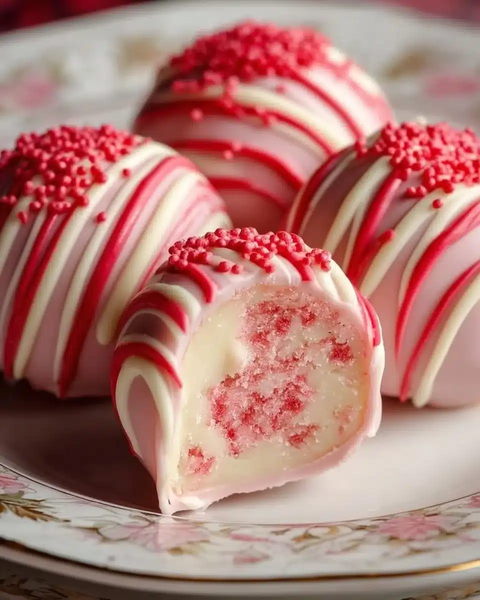 Delicious strawberry shortcake truffles with fresh strawberries and creamy filling.