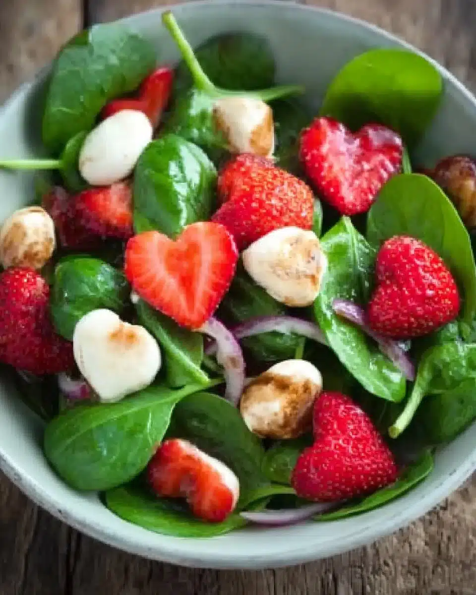 Strawberry spinach salad with mozzarella hearts, a vibrant and healthy dish.