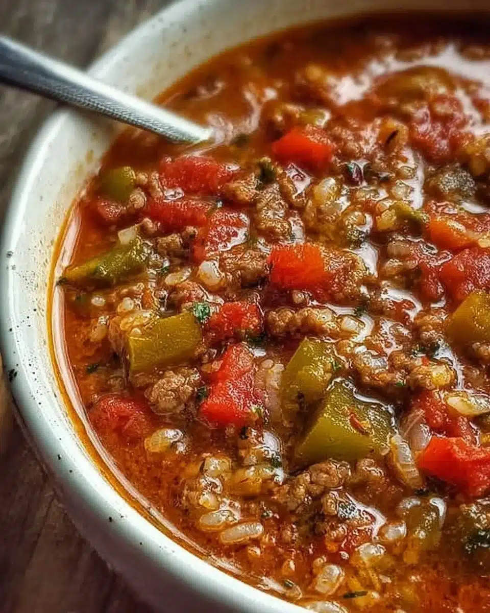 Delicious bowl of stuffed pepper soup topped with fresh herbs