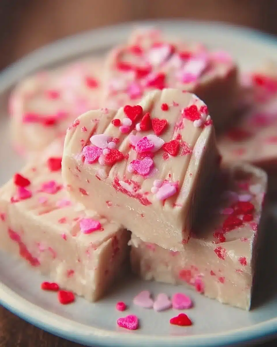 Delicious sugar cookie fudge topped with festive sprinkles