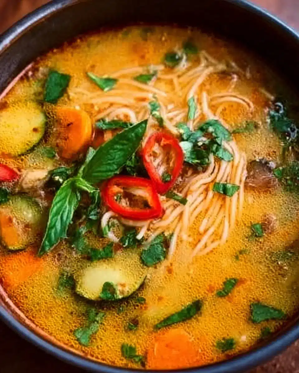 Bowl of Thai coconut curry soup with vibrant vegetables and herbs