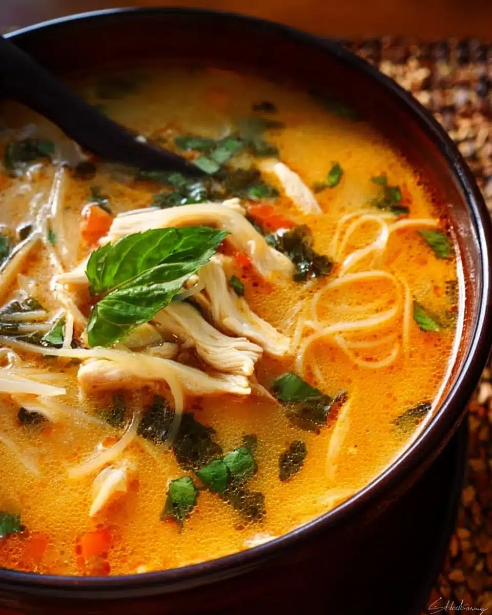 Bowl of Thai Inspired Chicken Soup garnished with fresh herbs and lime.