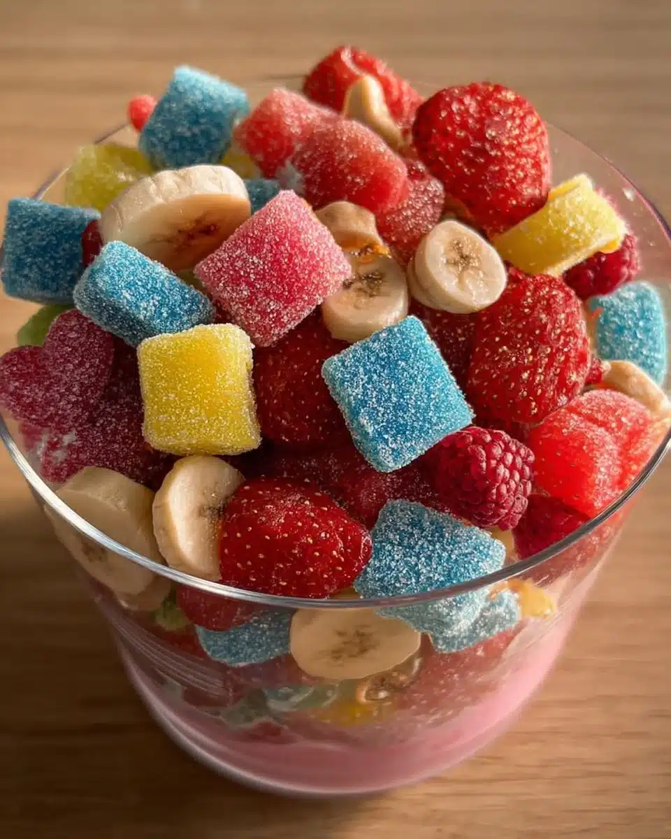 Vibrant TikTok viral candy salad featuring colorful gummies and fruits