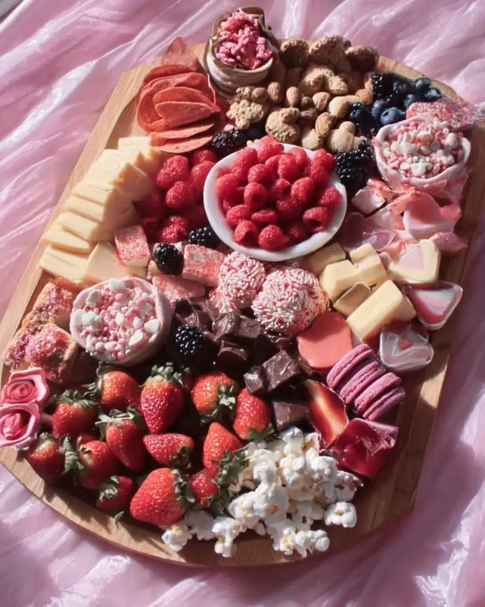 Valentine dessert charcuterie board filled with sweet treats and romantic designs.