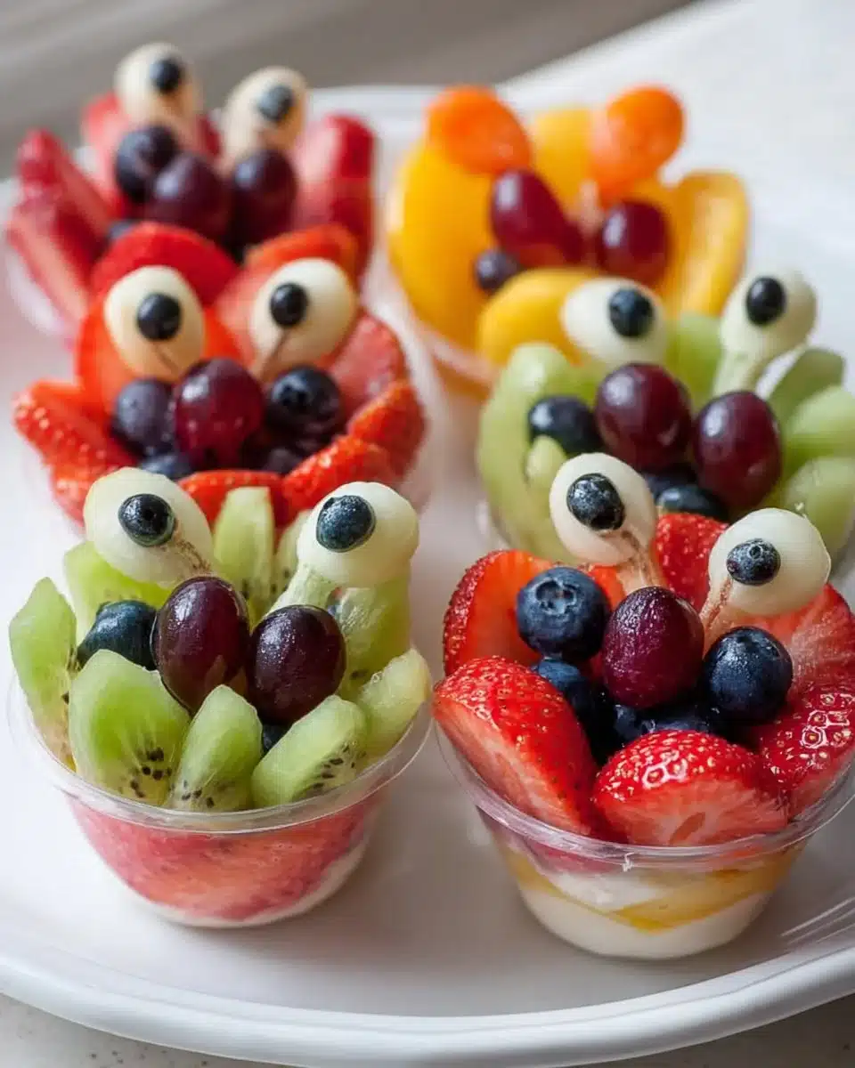 Colorful Valentine fruit cups with assorted fresh fruits for a festive treat.