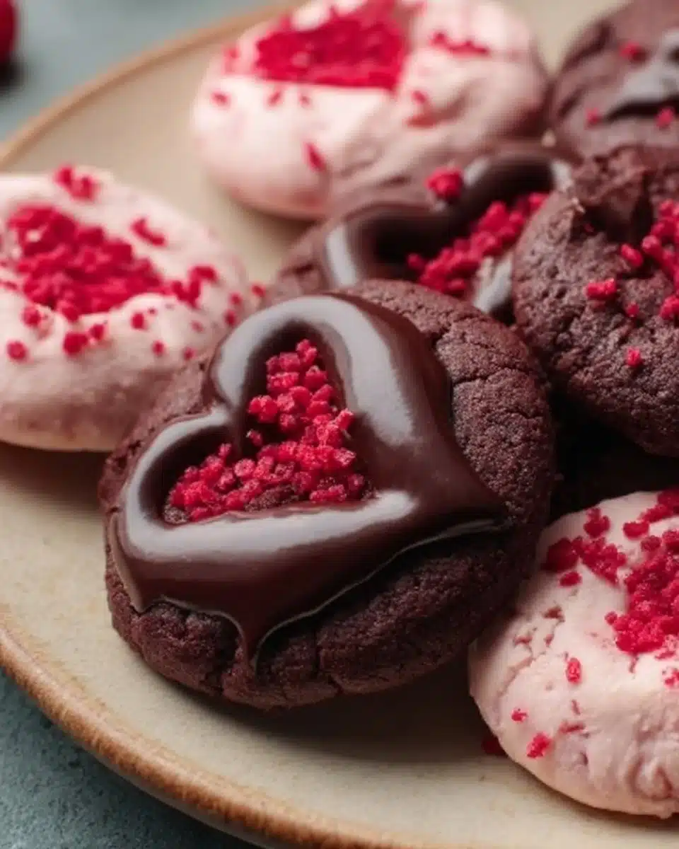 Valentine Ganache Cookies with chocolate ganache filling on a decorative plate
