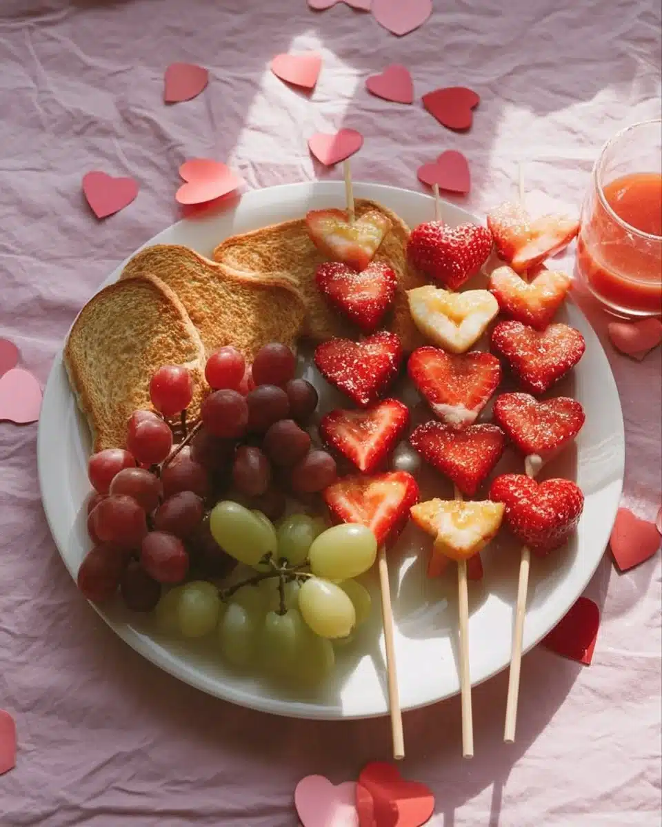 Romantic Valentine's Day breakfast ideas featuring heart-shaped pancakes and fresh fruit.