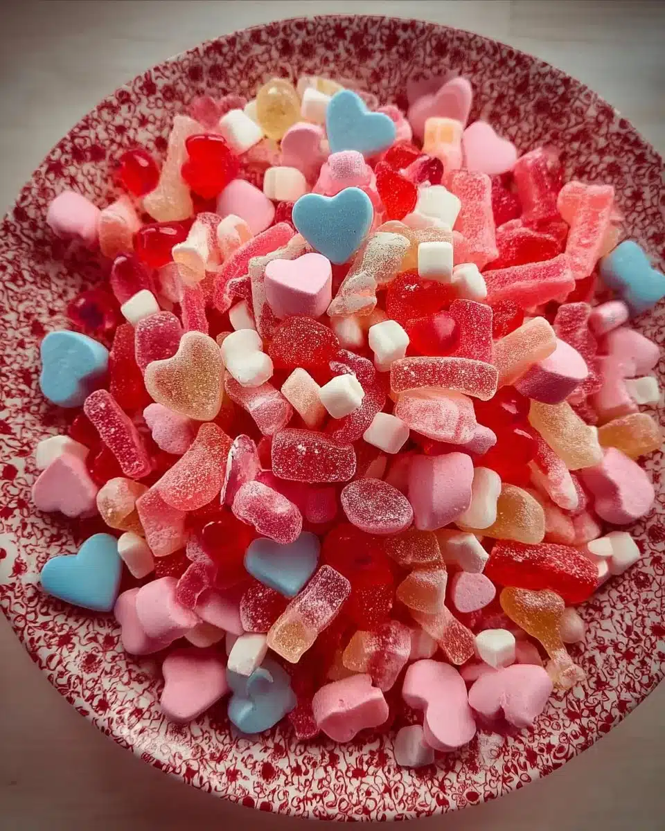 A vibrant Valentine's Day candy salad with colorful candies and heart-shaped toppings.
