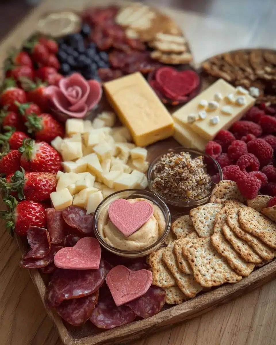 Valentine's Day charcuterie board featuring cheese, meats, and heart-shaped treats.