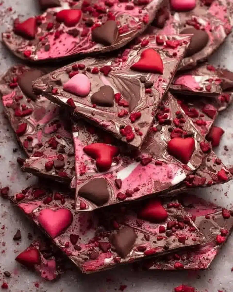Valentine's Day chocolate bark decorated with heart-shaped sprinkles and toppings