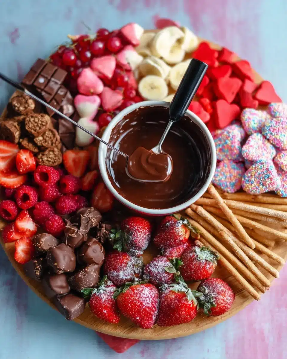 Valentine's Day chocolate fondue board with fruits and treats for dipping.