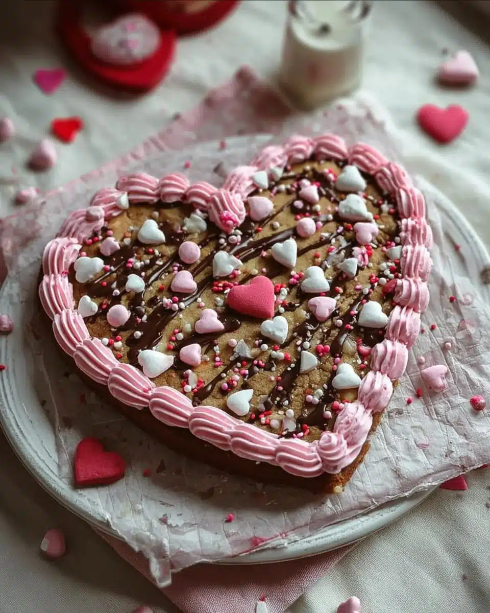 Heart-shaped Valentine's Day cookie cake decorated with frosting and sprinkles