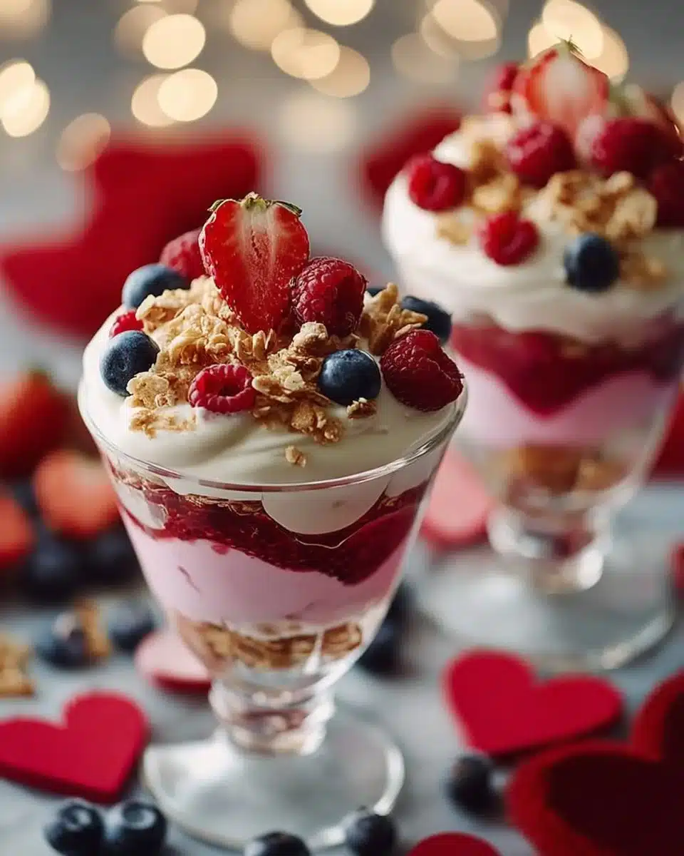 Valentine's Day fruit yogurt parfaits with fresh berries and layers of yogurt.