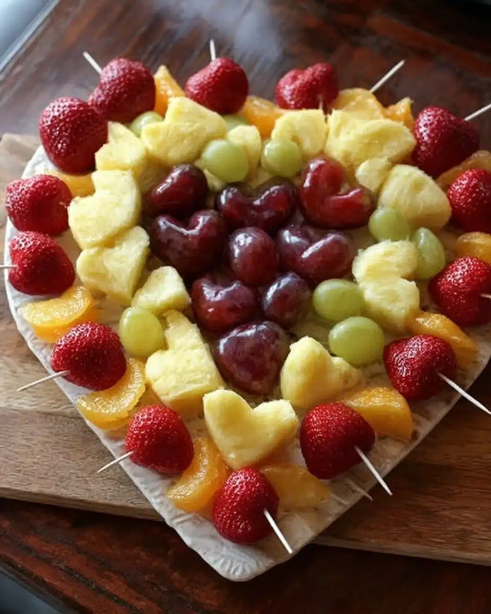 Colorful Valentine's Day fruit tray featuring a variety of fresh fruits.