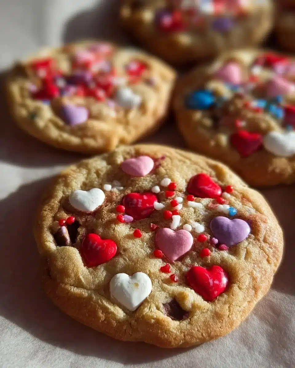 Valentine's Day M&M cookies decorated with heart-shaped candies