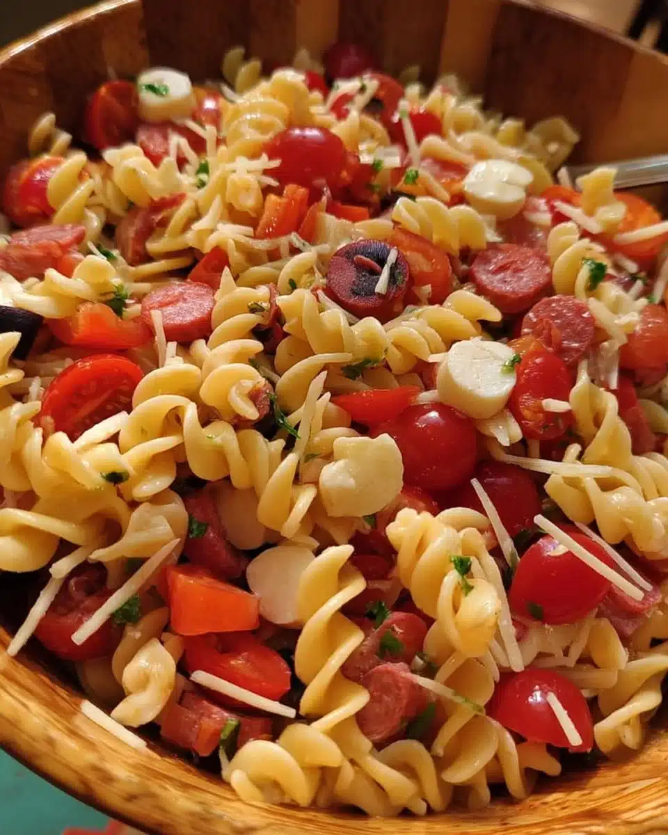 Heart-shaped Valentine's Day pasta salad with fresh vegetables and dressing