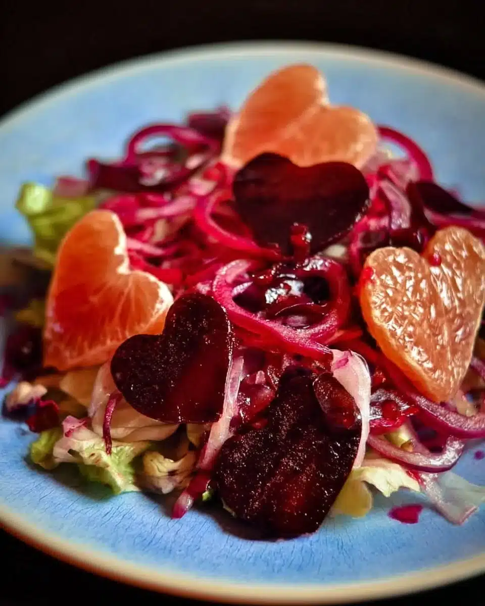 A beautifully arranged Valentine's Day Salad with colorful ingredients.