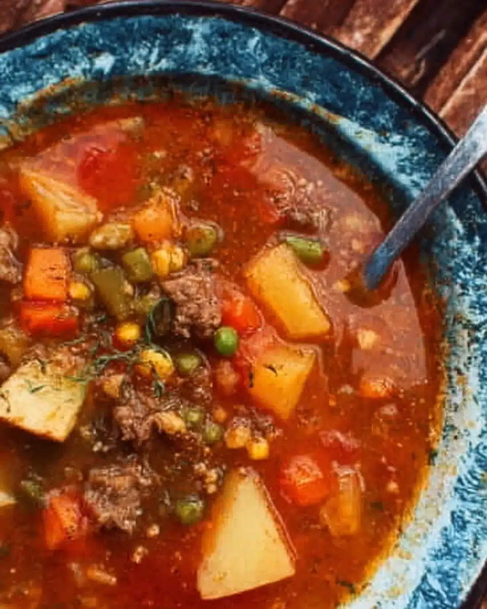 A bowl of hearty vegetable beef soup with colorful vegetables and tender pieces of beef.