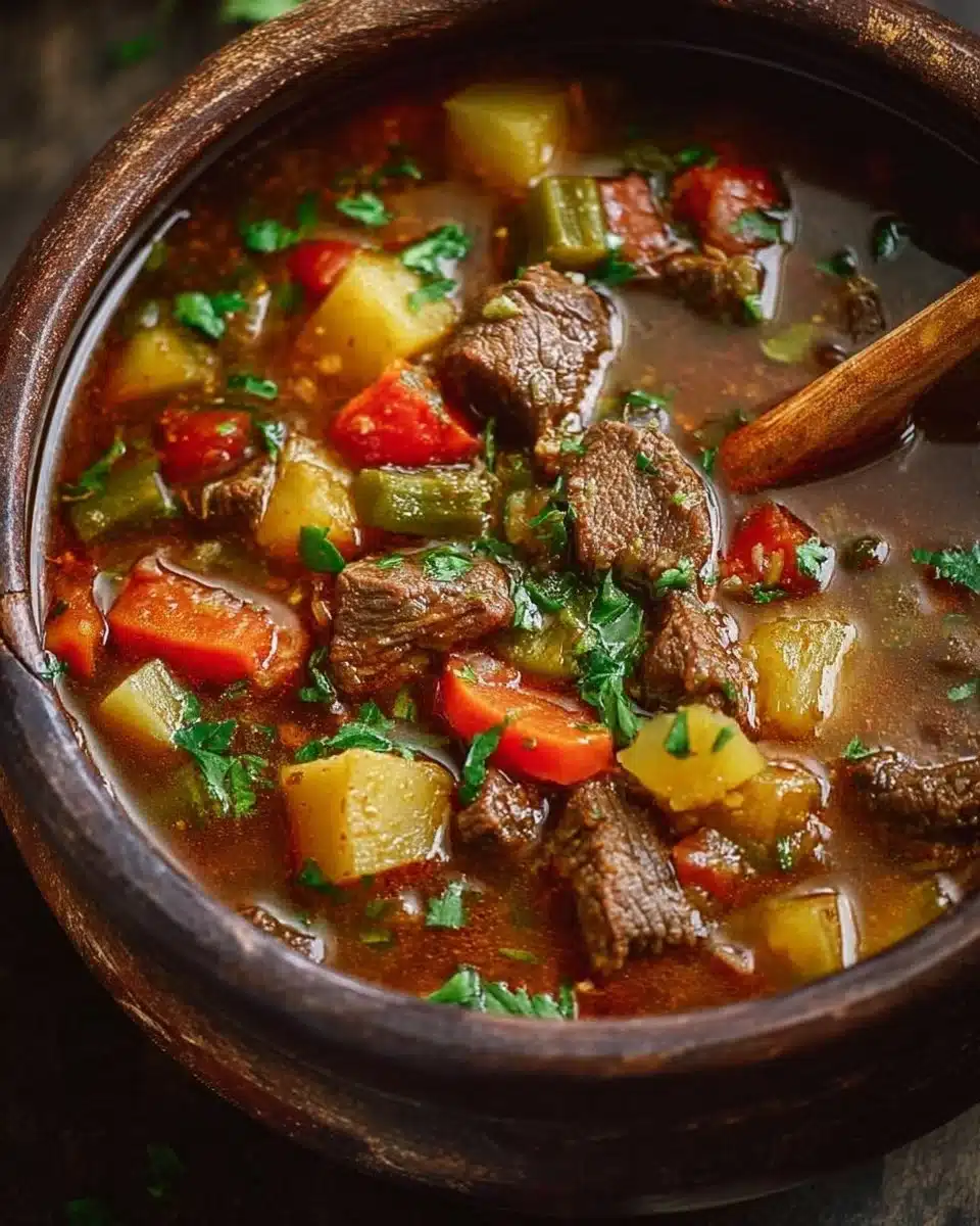 Bowl of hearty Vegetable Beef Soup filled with fresh vegetables and tender beef