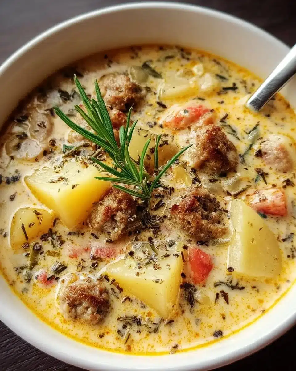 Bowl of warming potato and sausage chowder, garnished with herbs.