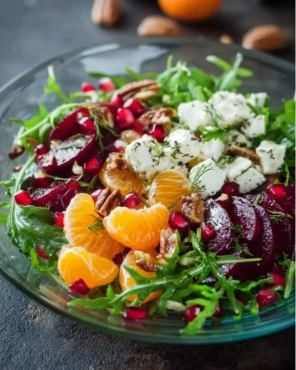 A vibrant winter salad featuring seasonal greens, nuts, and fruits in a bowl.