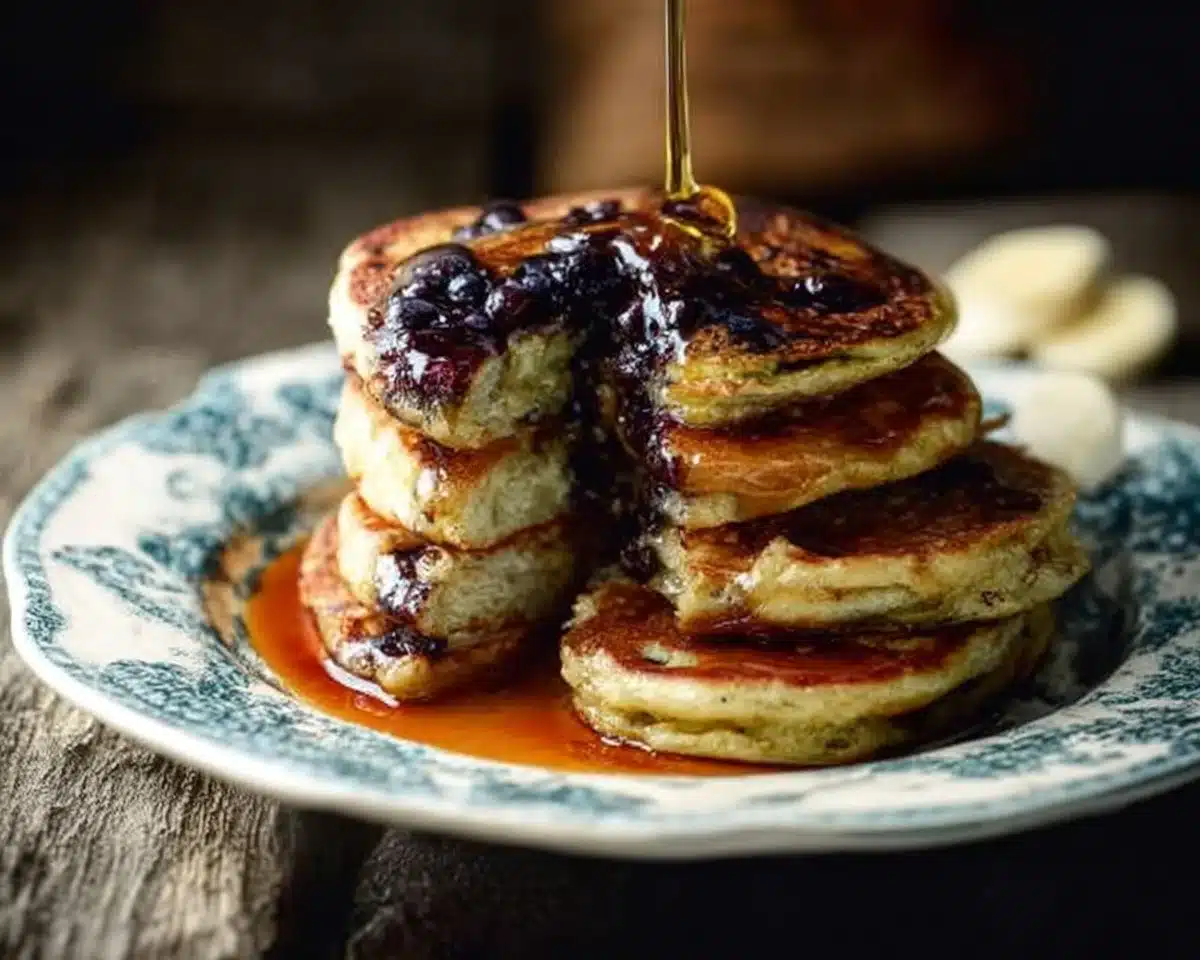 A stack of fluffy pancakes topped with berries and syrup, perfect for breakfast.
