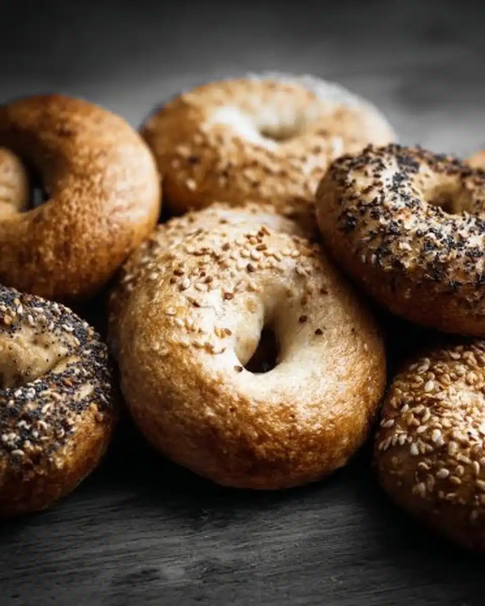 Fresh bagels with various toppings arranged on a wooden platter