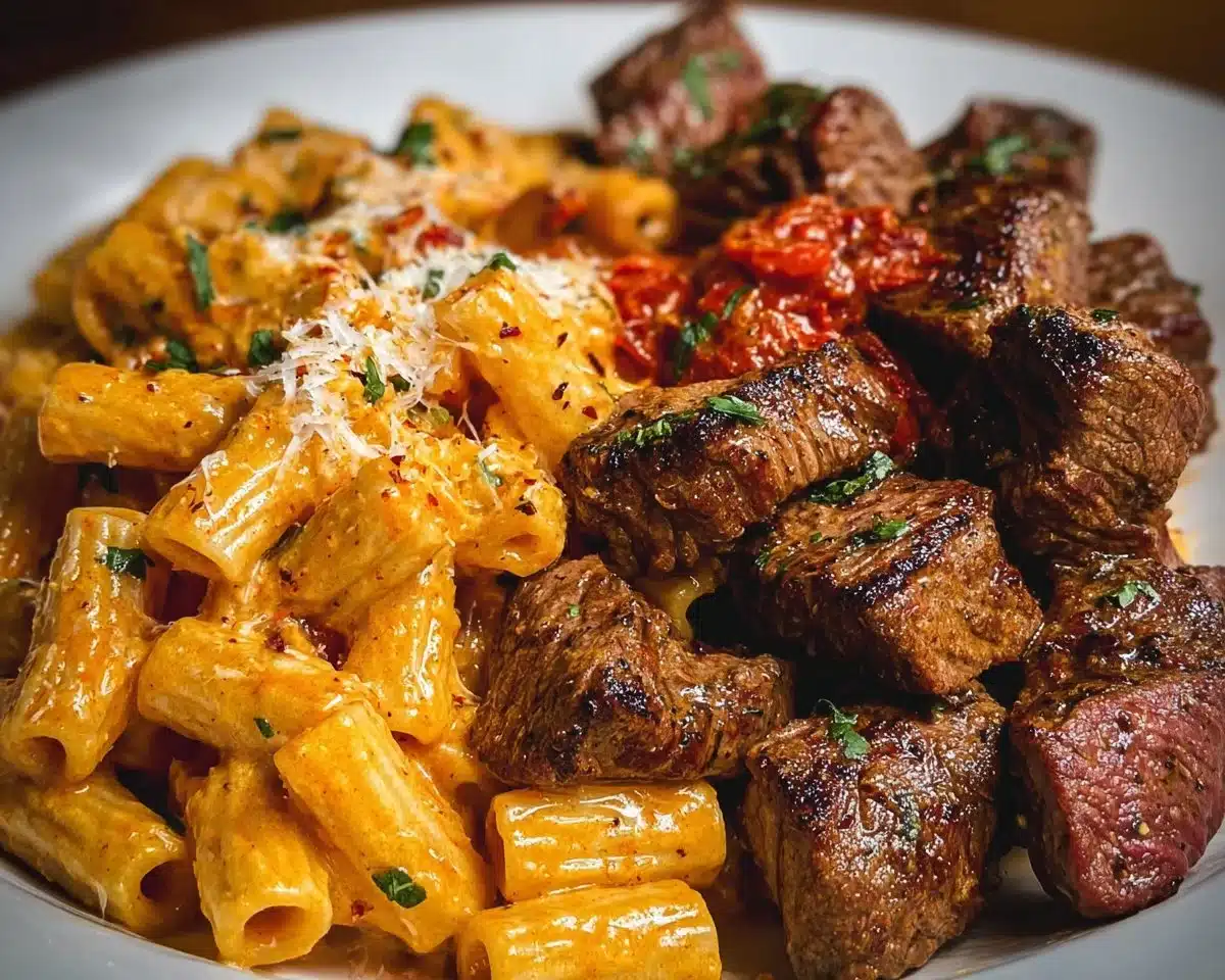 Cajun steak tips served with cheesy rigatoni on a plate