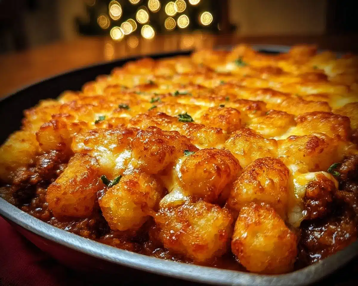 Delicious Chili Cheese Tater Tot Casserole topped with melted cheese and chili