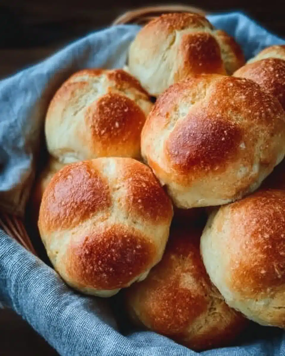 Freshly baked Cloverleaf Dinner Rolls in a basket, golden and fluffy.