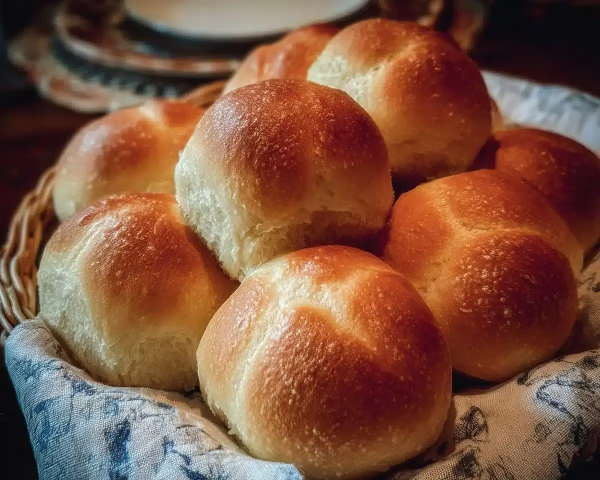 Freshly baked cloverleaf dinner rolls on a wooden table