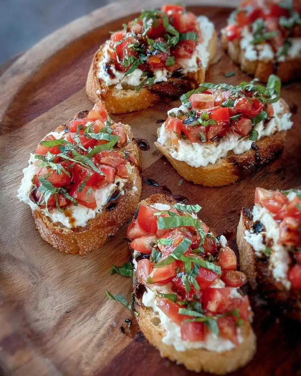 Delicious creamy three cheese bruschetta topped with fresh herbs