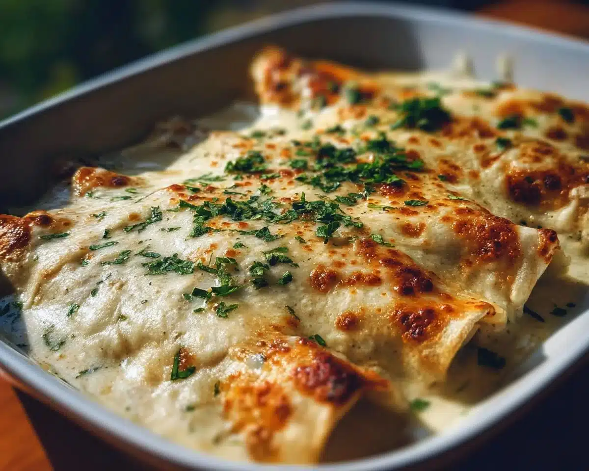 Delicious creamy white chicken enchiladas served on a plate with toppings