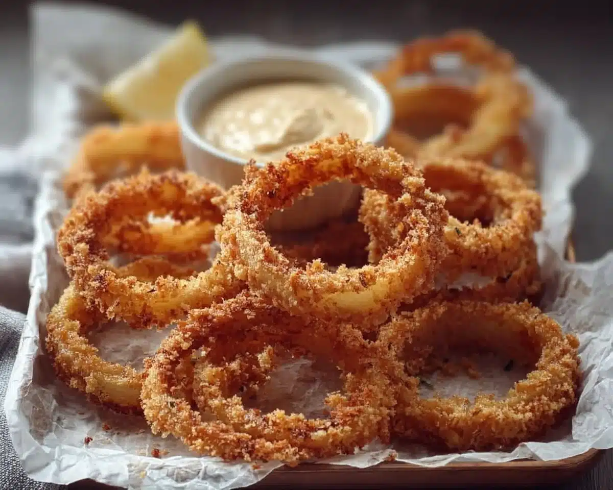 Crispy battered Whole30 onion rings on a plate served with dipping sauce