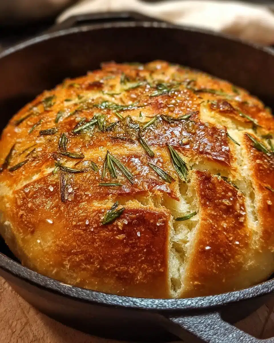 Homemade Dutch Oven Garlic Rosemary Bread fresh out of the oven.