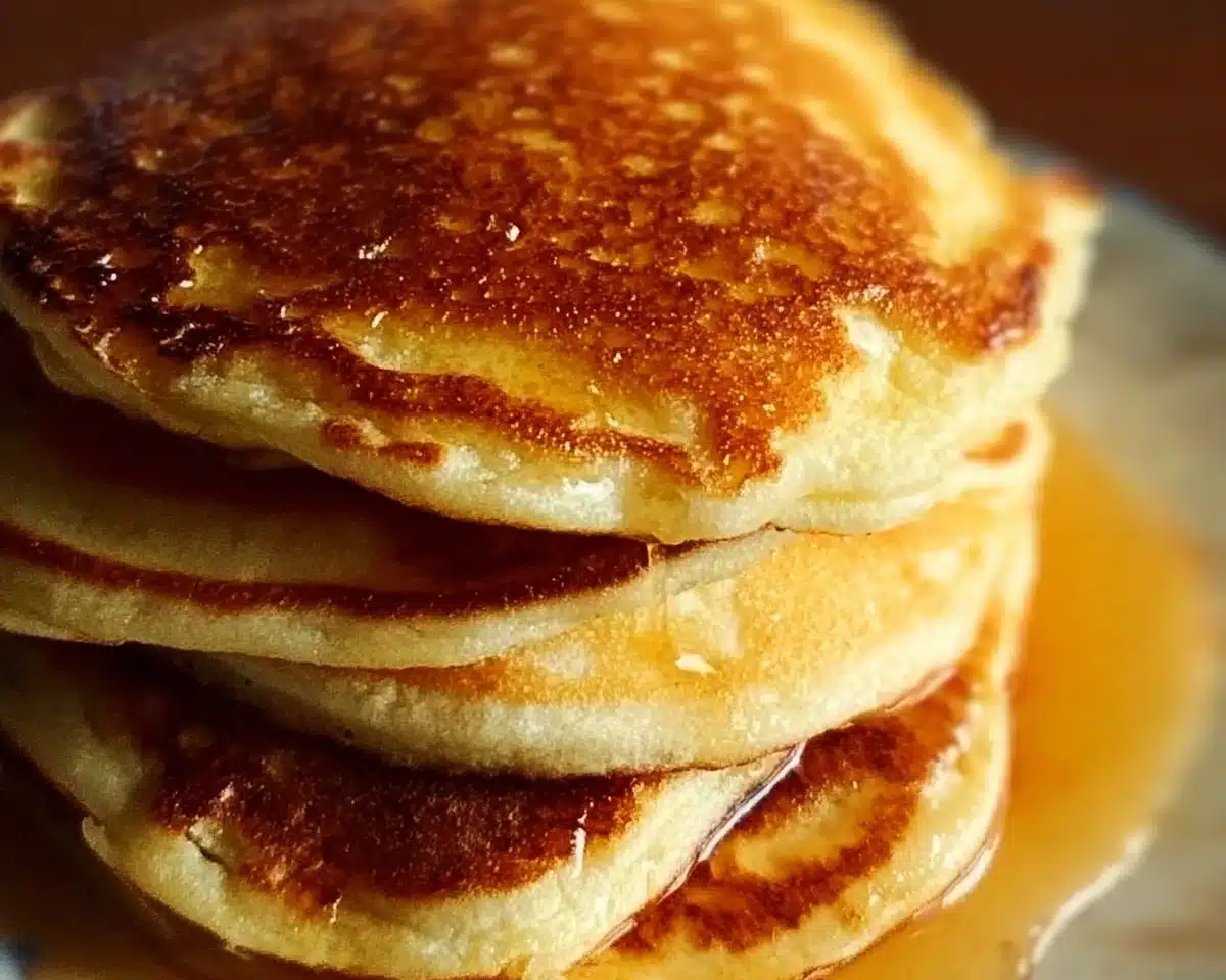 Delicious fluffy pancakes stacked on a plate with syrup and berries