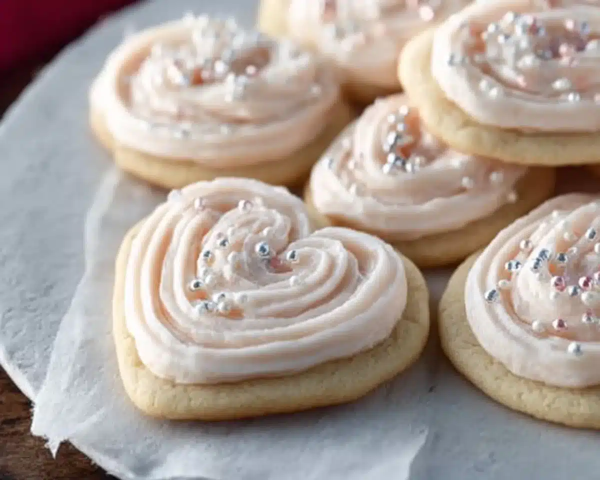 Fluffy sour cream sugar cookies with cream cheese frosting on a plate