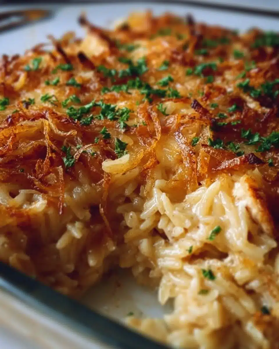 Delicious French onion chicken orzo casserole baked to golden perfection.