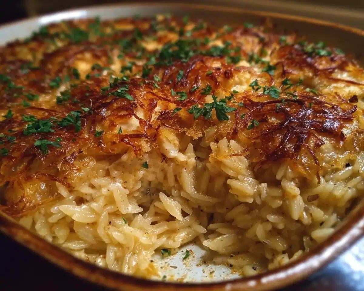 French Onion Chicken Orzo Casserole