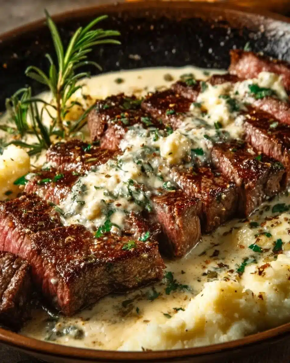 Delicious garlic butter steak topped with creamy parmesan sauce on a plate.