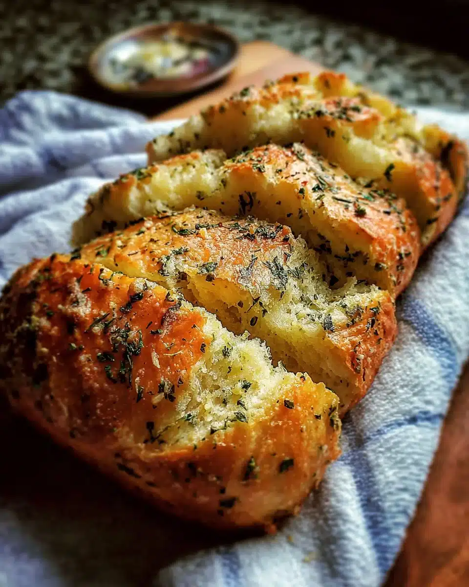 Freshly baked Garlic Parmesan Herb Bread with herbs and cheese