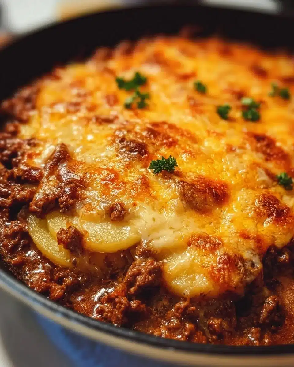 Delicious Hobo Casserole with Ground Beef baked in a dish