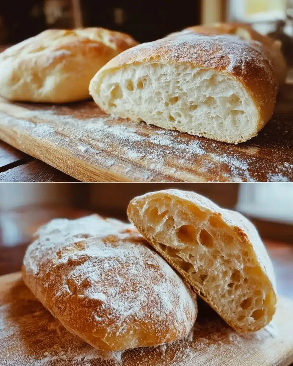 Freshly baked homemade ciabatta bread with golden crust and soft interior