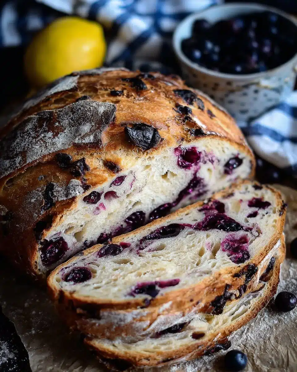 Sliced lemon blueberry sourdough bread on a wooden cutting board