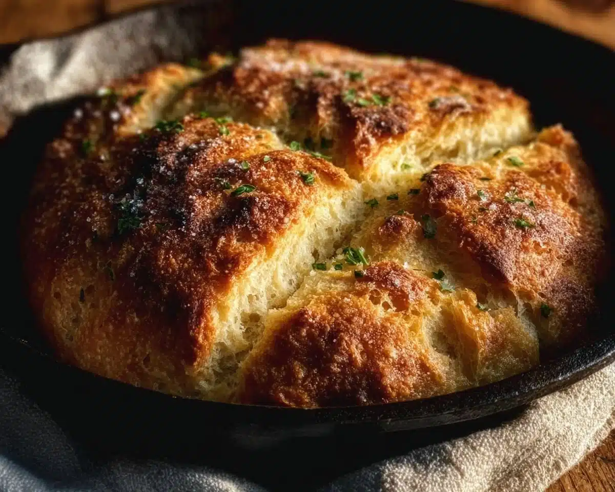 Freshly baked rustic skillet bread in a cast iron skillet