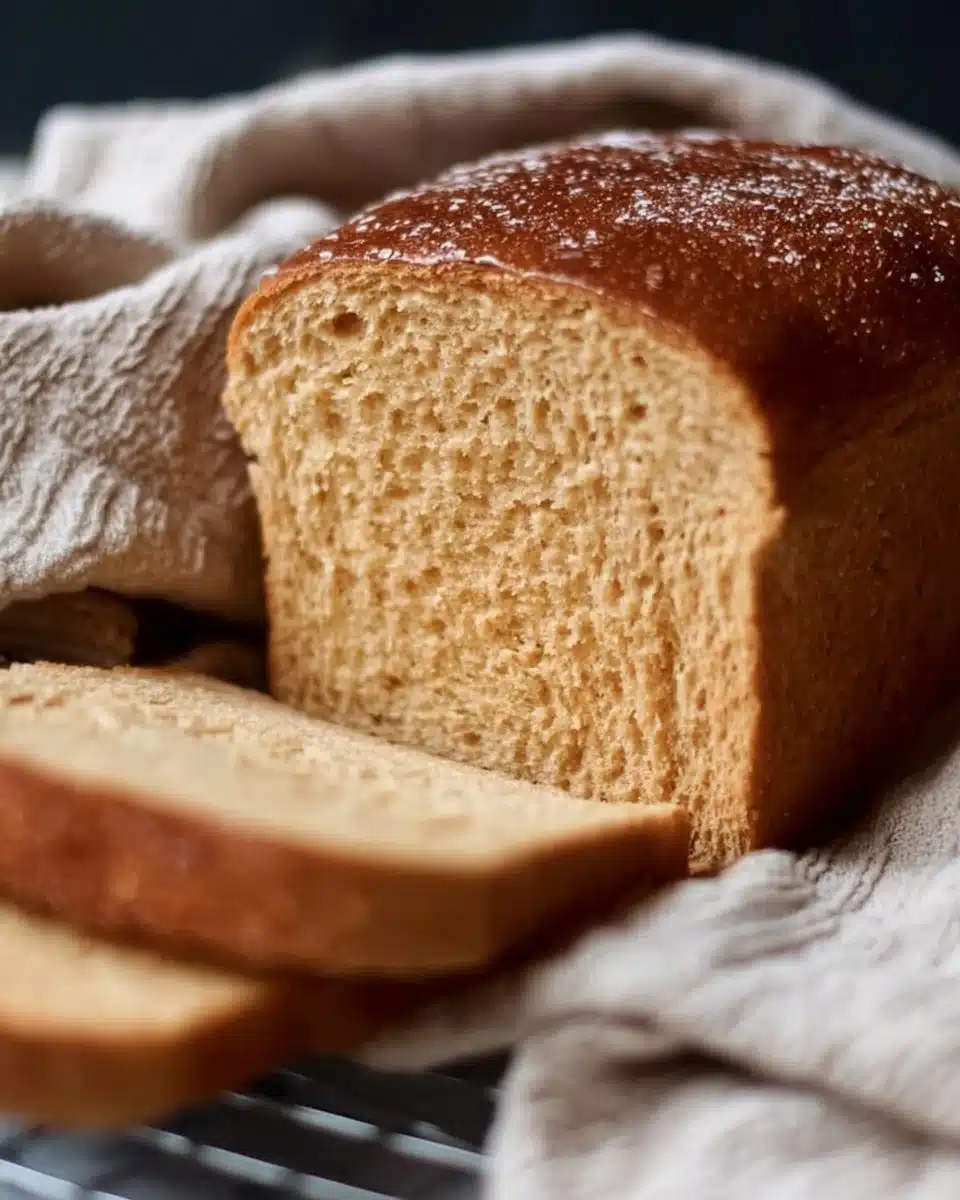 Loaf of simple homemade honey wheat bread on a cutting board