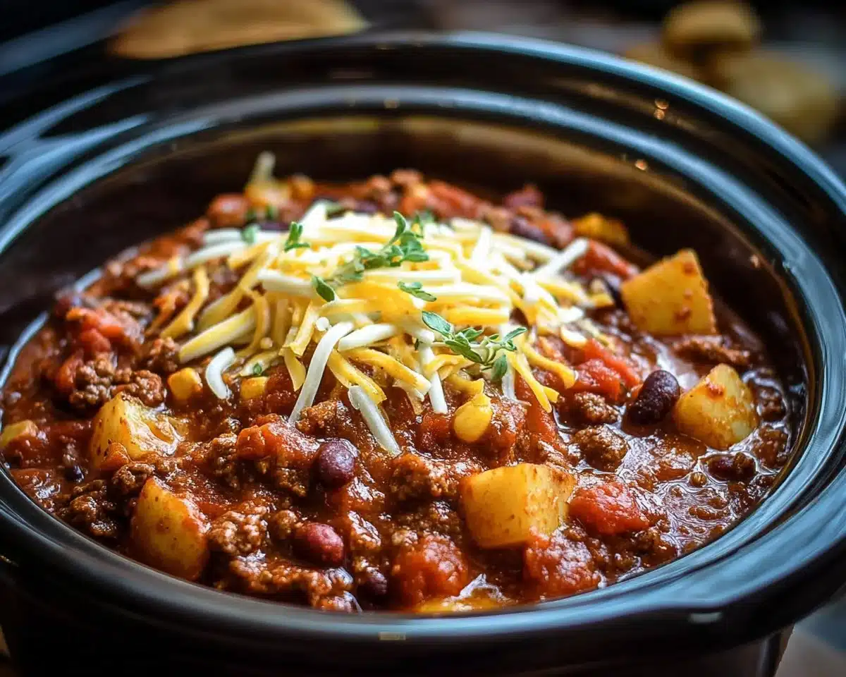 Delicious slow cooker cowboy casserole topped with cheese and served in a bowl
